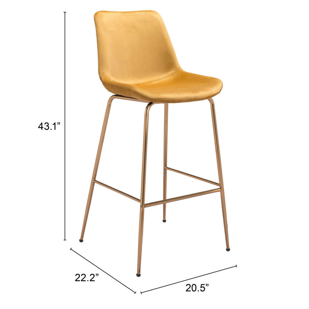31" Yellow And Gold Velvet And Steel Low Back Bar Height Bar Chair-7