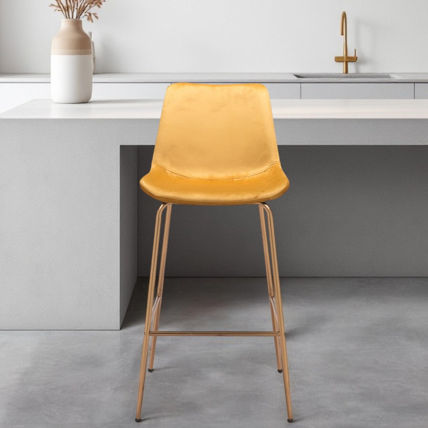 31" Yellow And Gold Velvet And Steel Low Back Bar Height Bar Chair-1