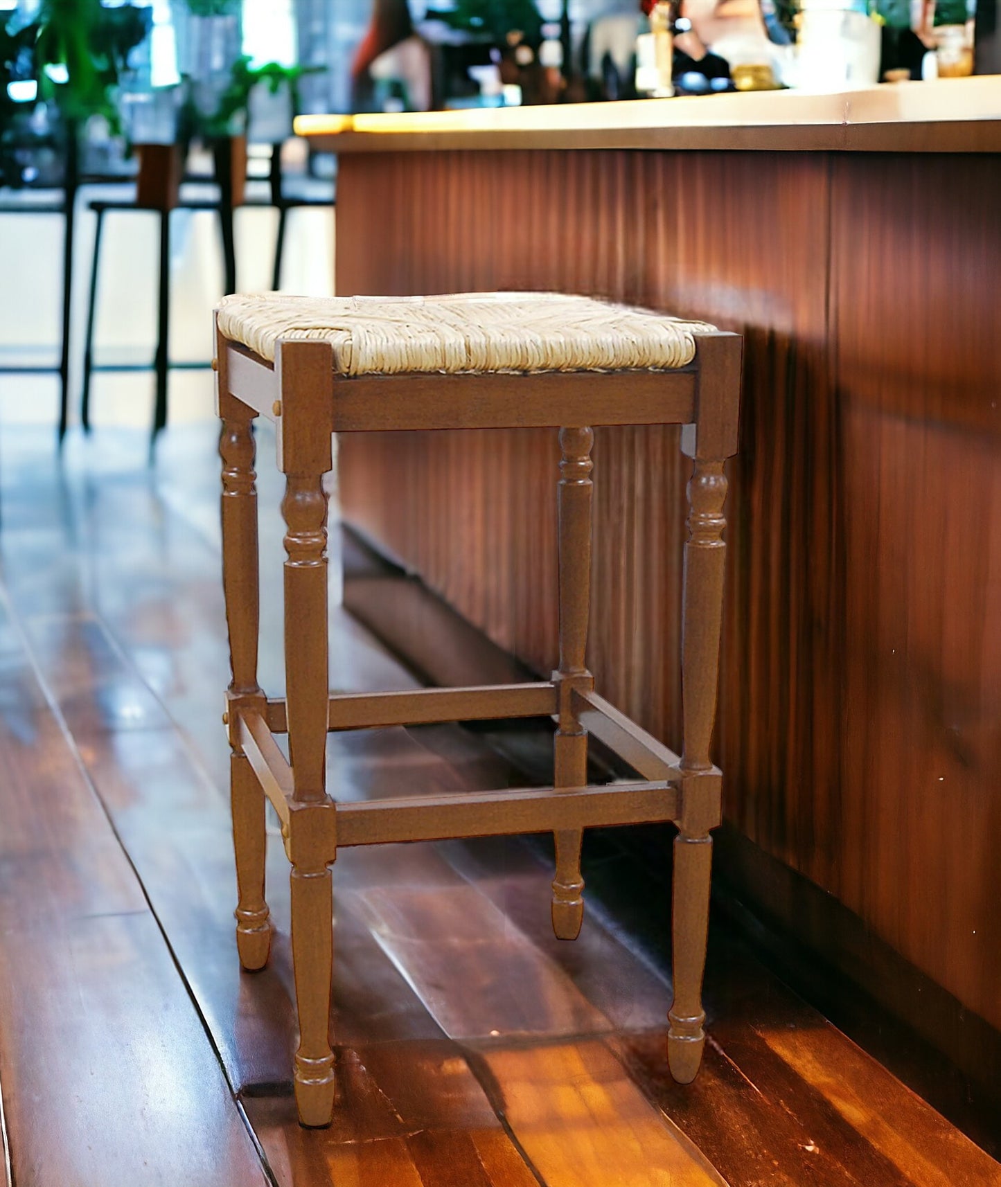 29" Natural And Brown Solid Wood Backless Bar Height Bar Chair-1