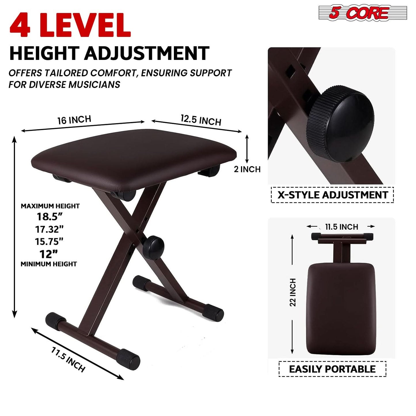 5 Core Keyboard Bench 2" Padded Cushioned Piano Stool Height Adjustable Guitar Seat Folding Portable-1