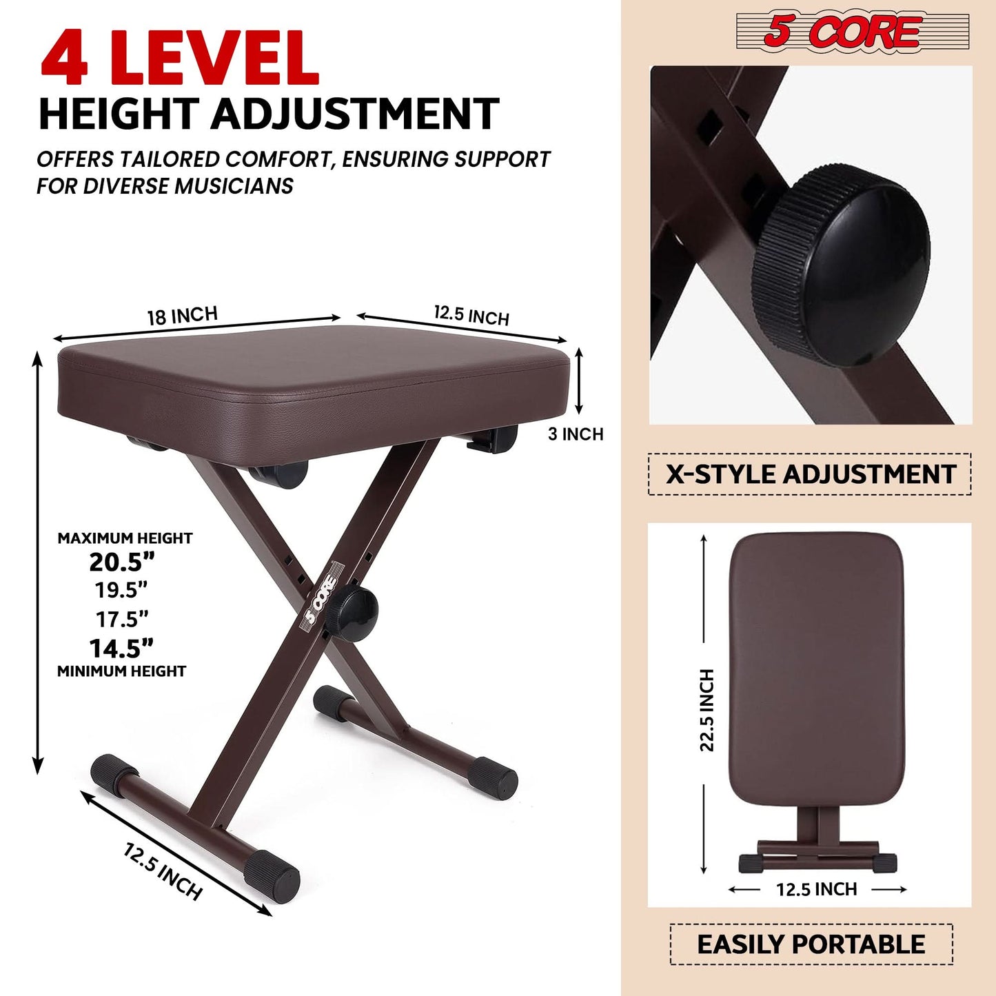 5 Core Keyboard Bench 3" Padded Cushioned Piano Stool Height Adjustable Guitar Seat Folding Portable-1
