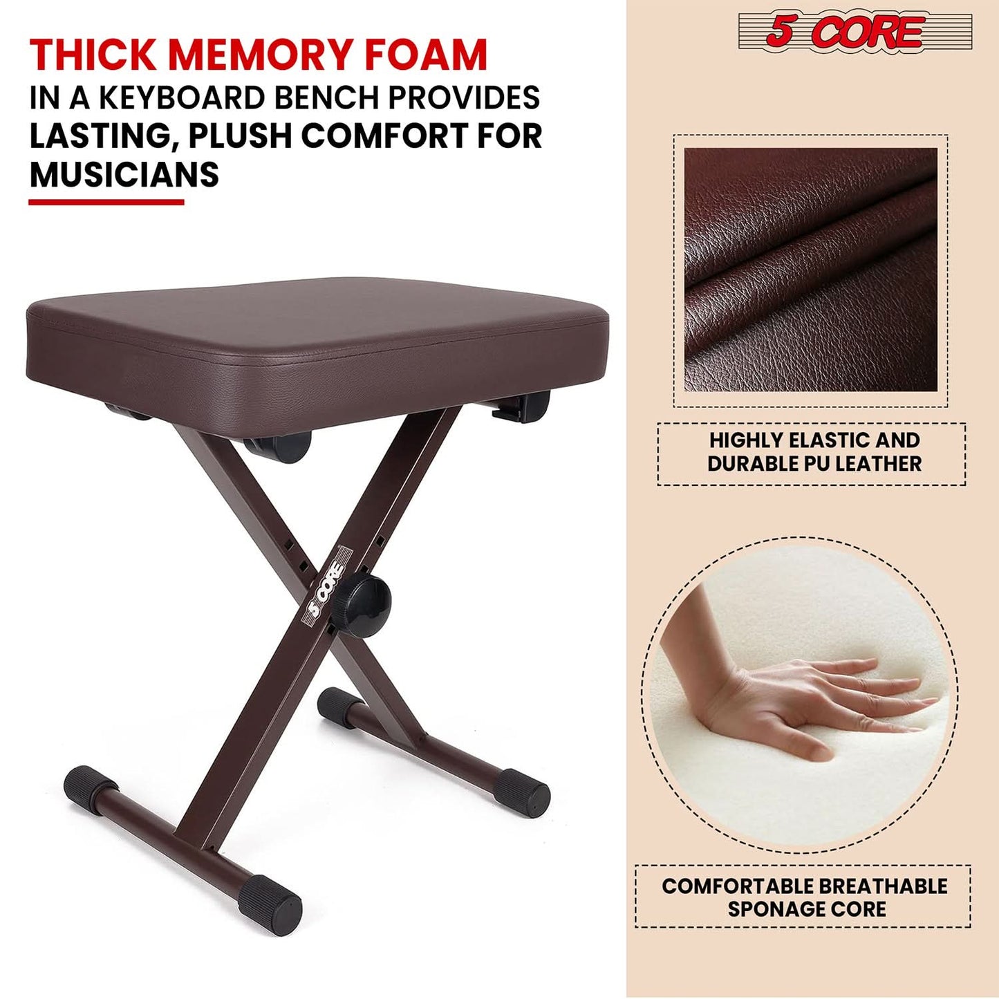 5 Core Keyboard Bench 3" Padded Cushioned Piano Stool Height Adjustable Guitar Seat Folding Portable-2