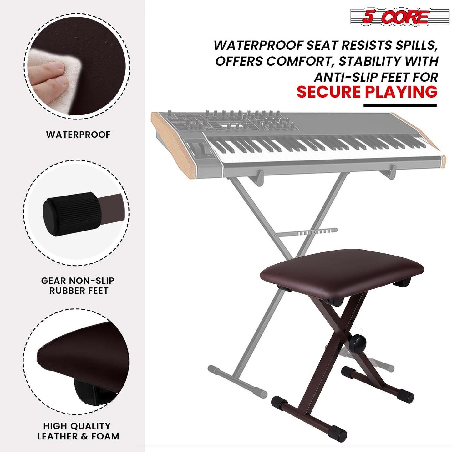 5 Core Keyboard Bench 2" Padded Cushioned Piano Stool Height Adjustable Guitar Seat Folding Portable-3