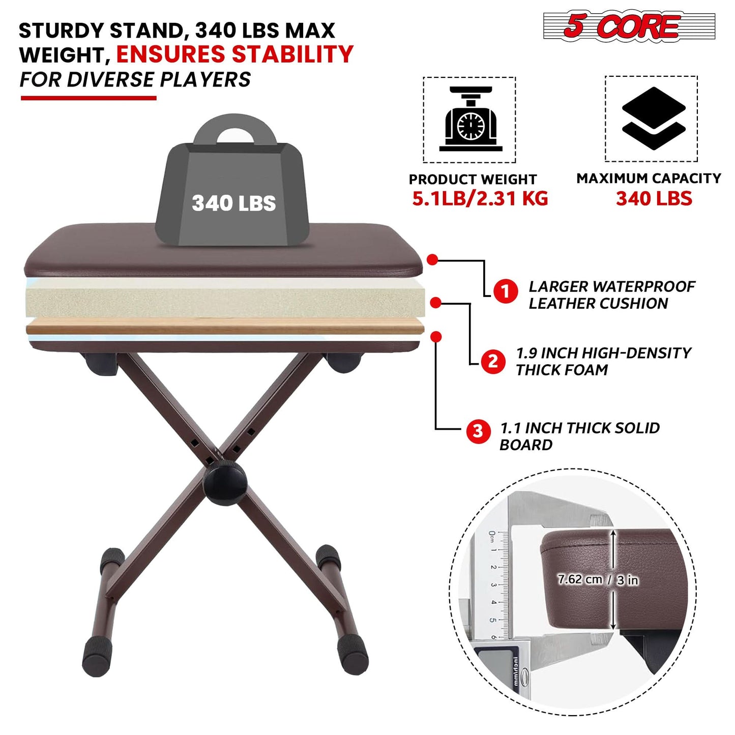 5 Core Keyboard Bench 3" Padded Cushioned Piano Stool Height Adjustable Guitar Seat Folding Portable-3