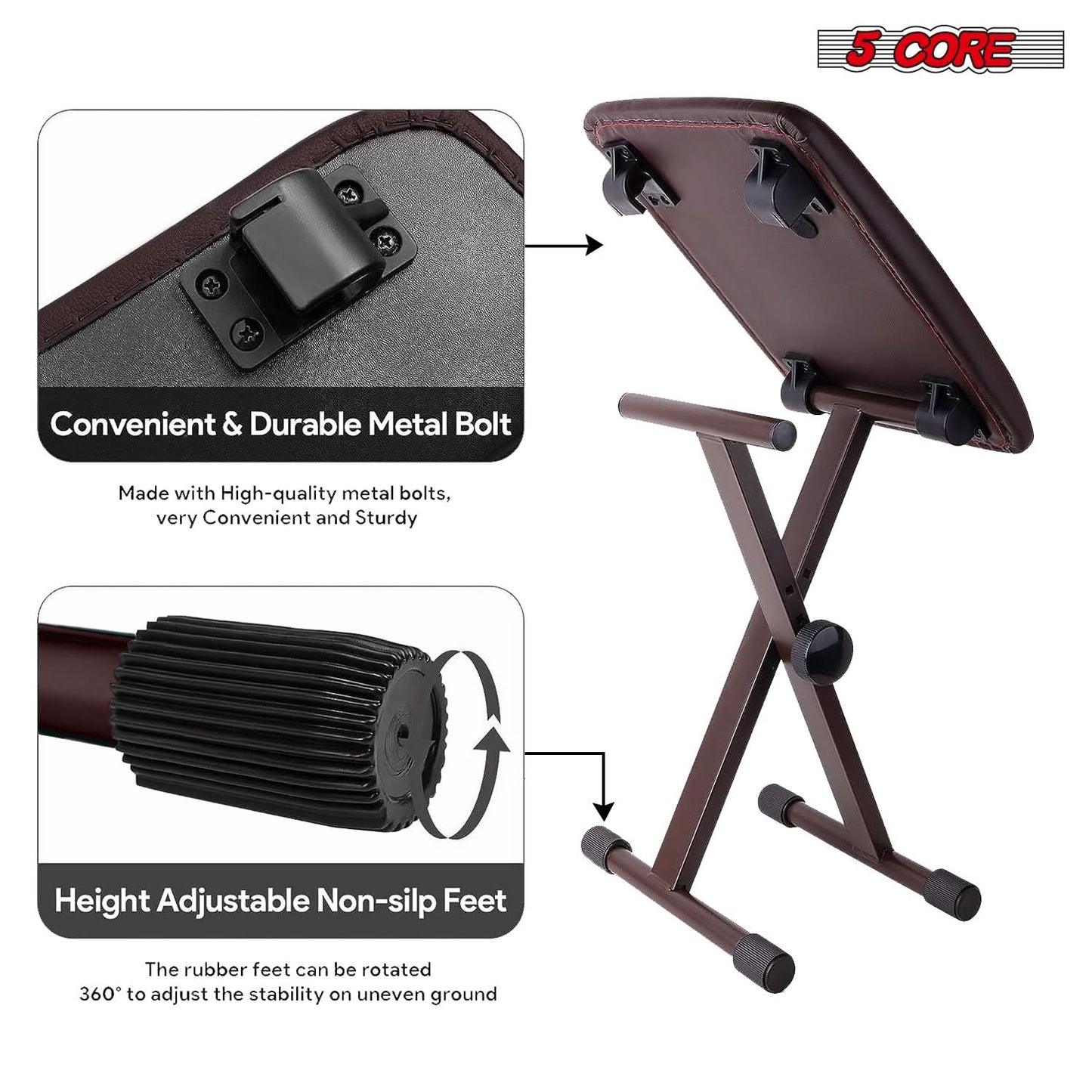 5 Core Keyboard Bench 2" Padded Cushioned Piano Stool Height Adjustable Guitar Seat Folding Portable-4