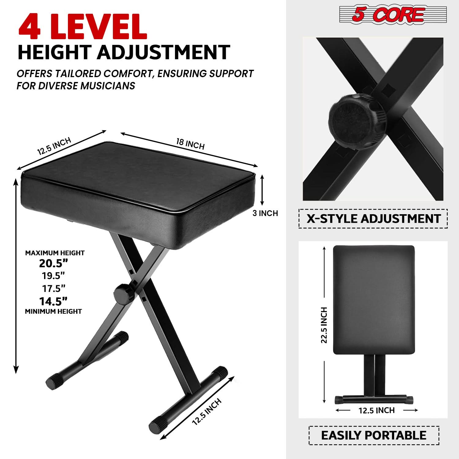5 Core Keyboard Bench 3" Padded Cushioned Piano Stool Height Adjustable Guitar Seat Folding Portable-1