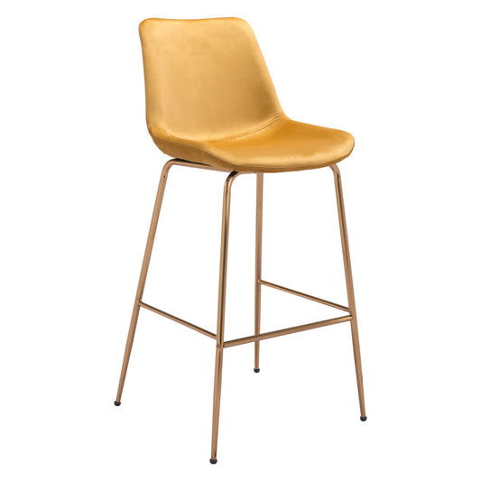 31" Yellow And Gold Velvet And Steel Low Back Bar Height Bar Chair-0
