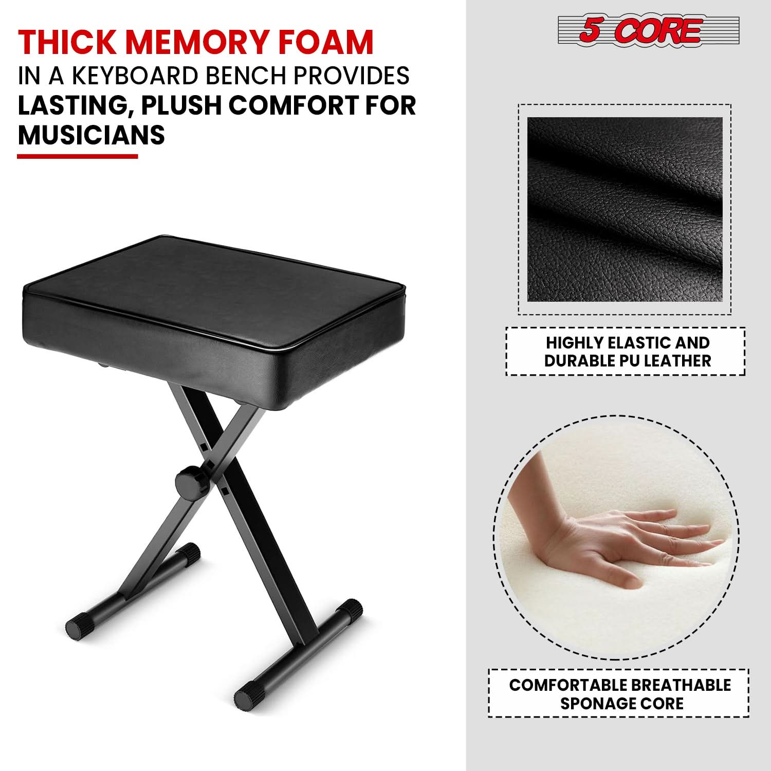 5 Core Keyboard Bench 3" Padded Cushioned Piano Stool Height Adjustable Guitar Seat Folding Portable-3