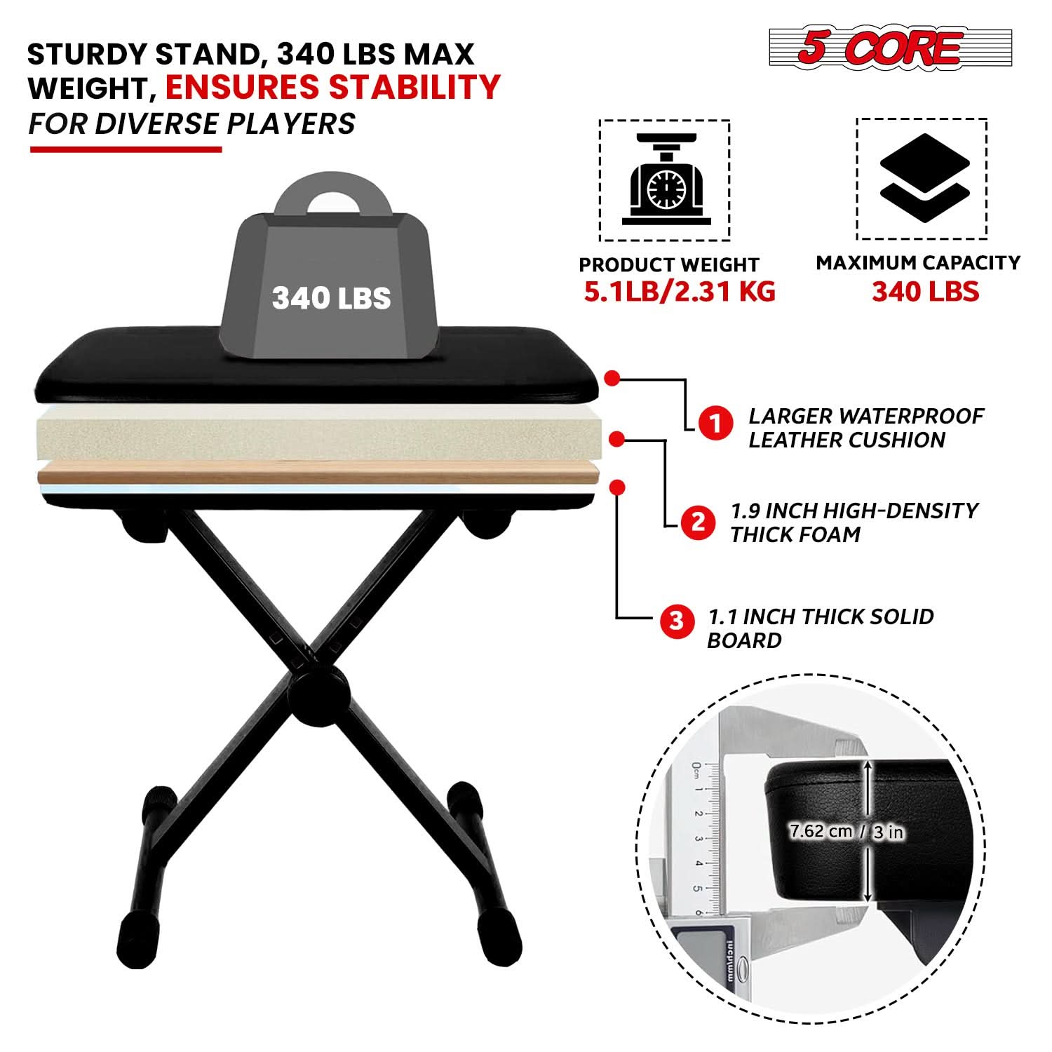 5 Core Keyboard Bench 3" Padded Cushioned Piano Stool Height Adjustable Guitar Seat Folding Portable-2