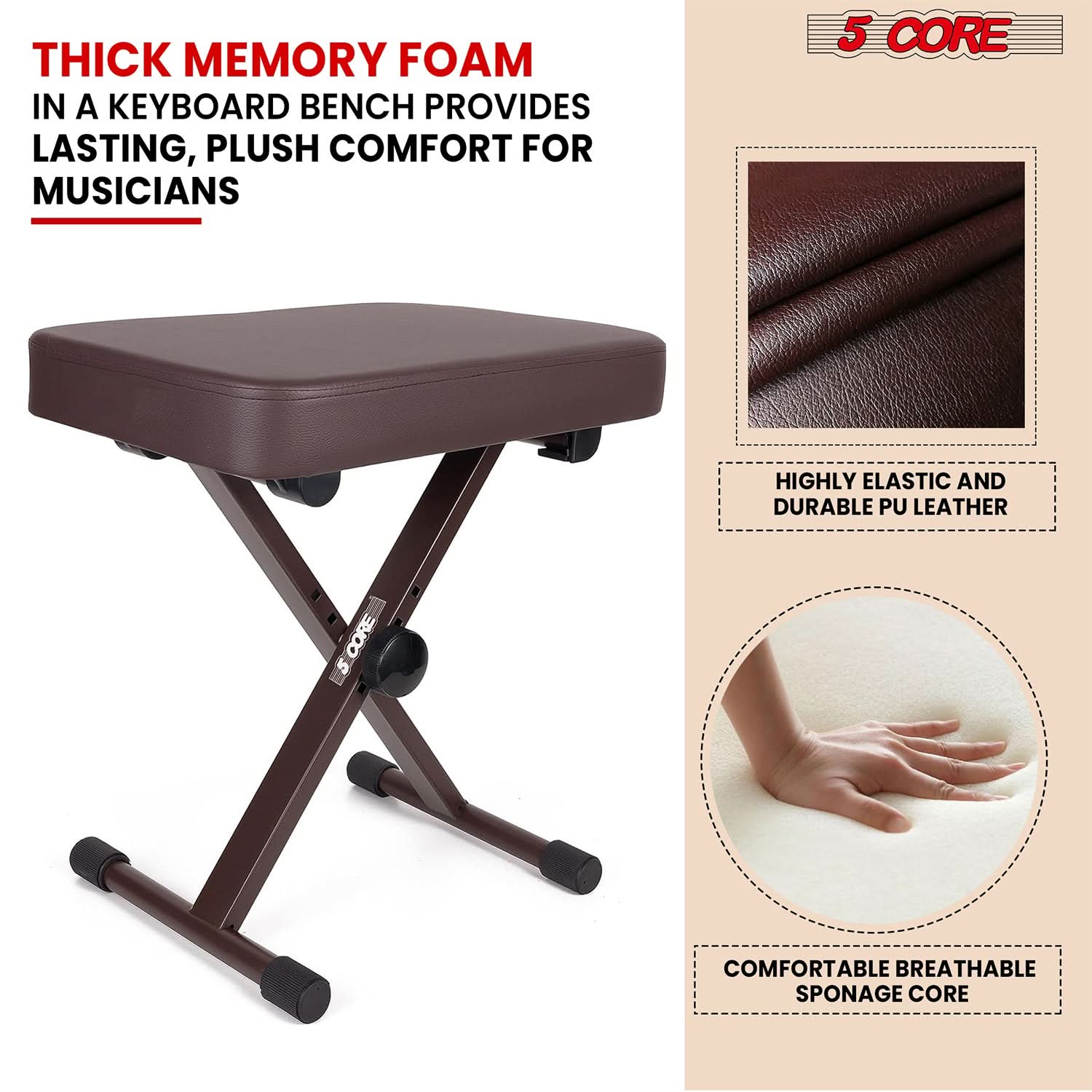 5 Core Keyboard Bench 3" Padded Cushioned Piano Stool Height Adjustable Guitar Seat Folding Portable-2