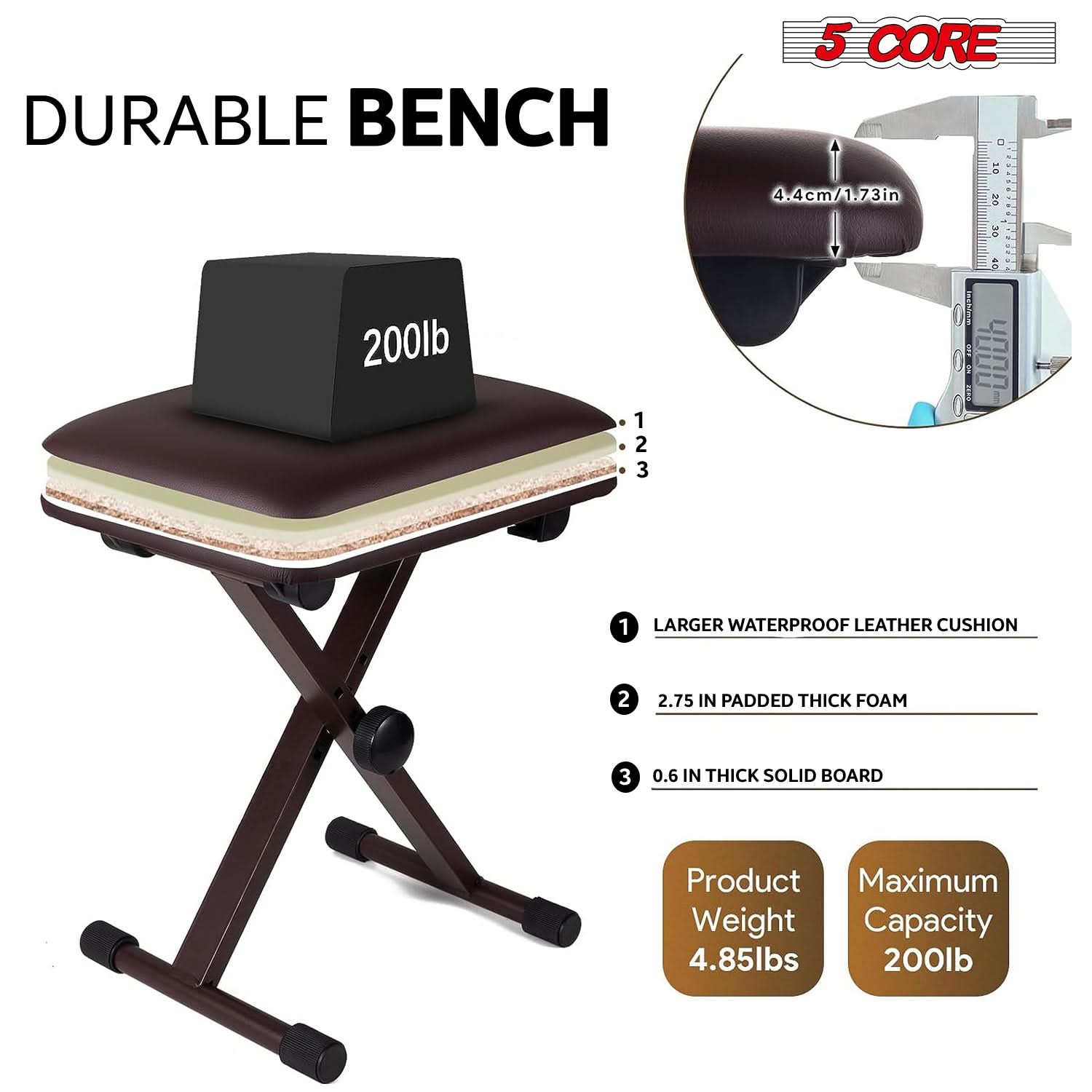 5 Core Keyboard Bench 2" Padded Cushioned Piano Stool Height Adjustable Guitar Seat Folding Portable-2